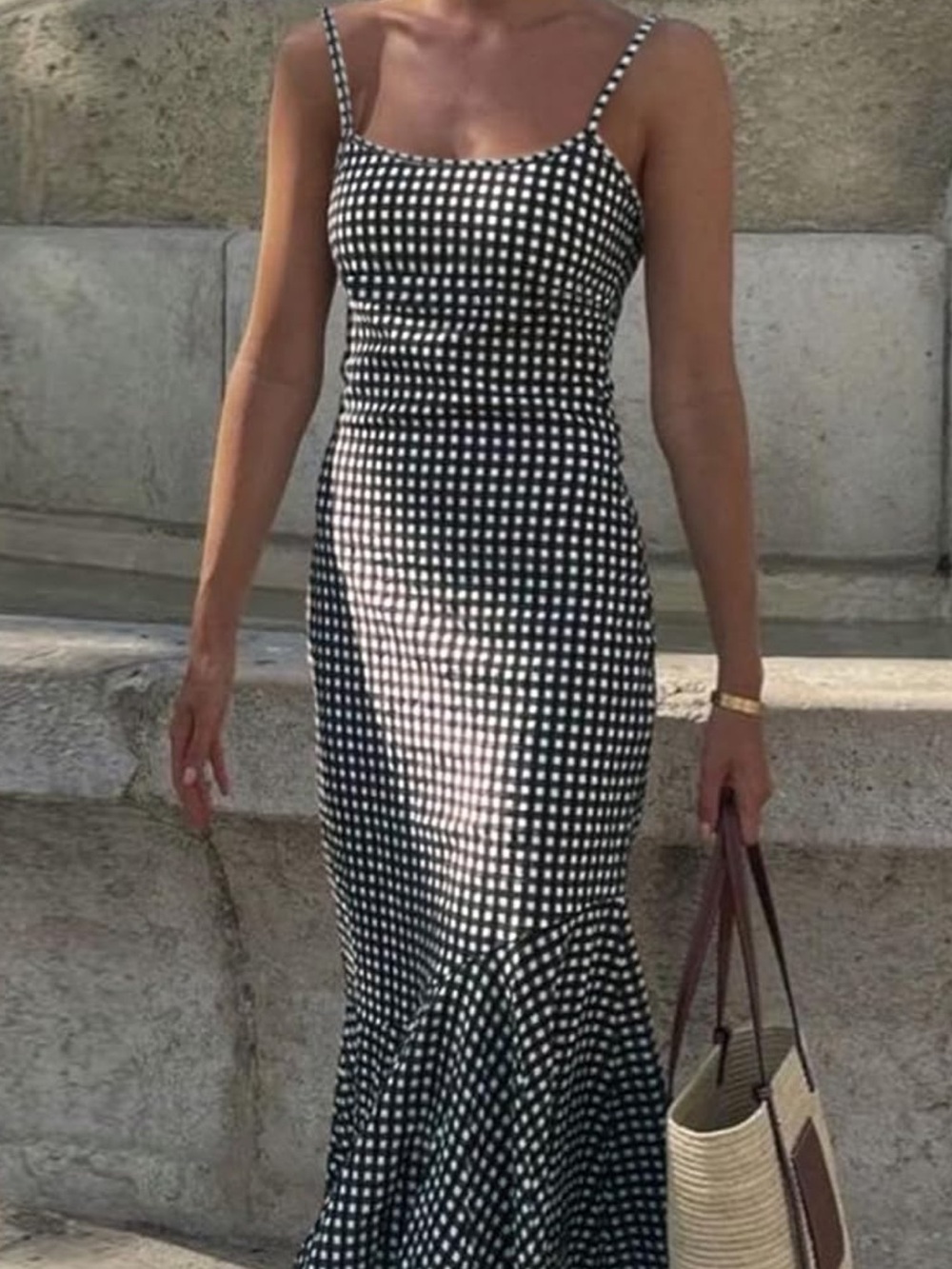 Black & White Gingham Spaghetti-Strap Maxi Dress